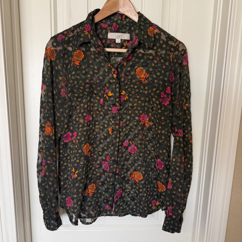 LOFT Floral Blouse Womens XS Black Orange Sheer Clip Dot Button Down Excellent - Picture 2 of 8